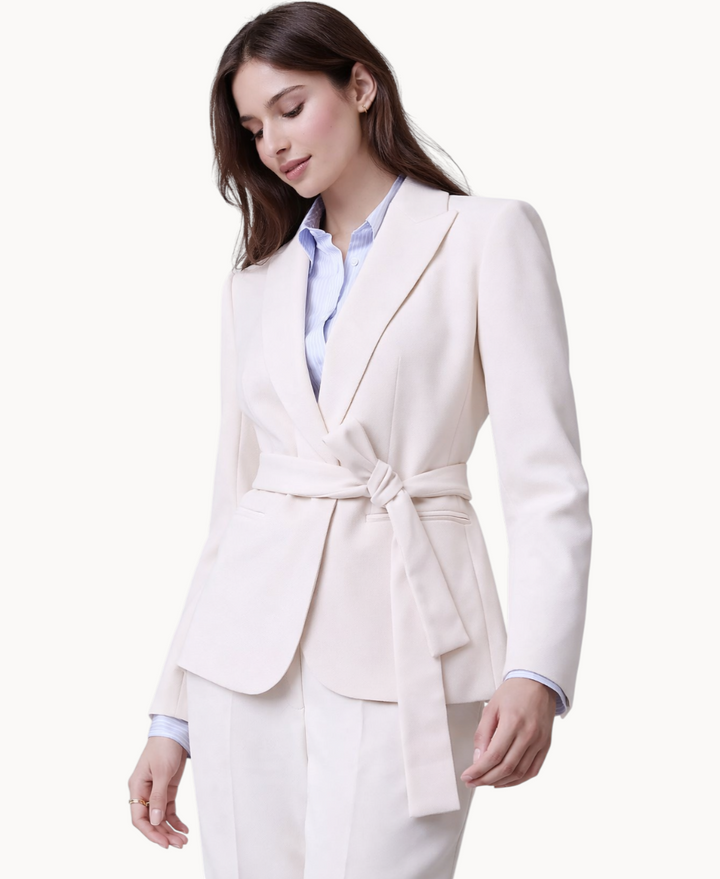 Petite Belted Blazer Jacket for Women – Long Sleeve Tailored Fit, Peak Lapel, Single-Button Front, Beige Color