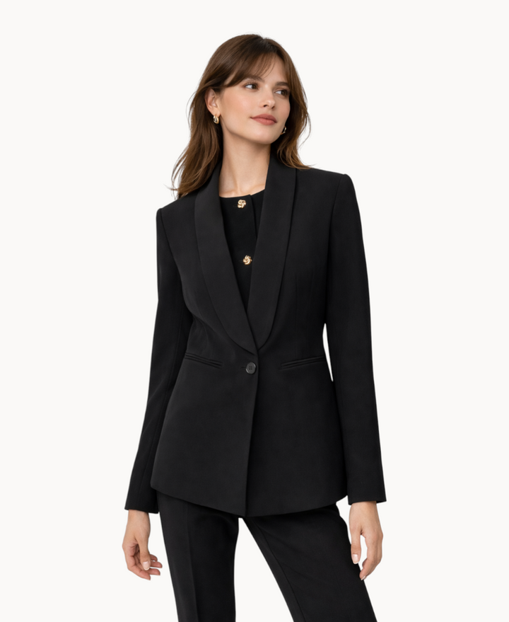 Petite Straight Fit Shawl Collar Blazer For Women – Long Sleeves, Button Cuffs, Single Button Front Closing